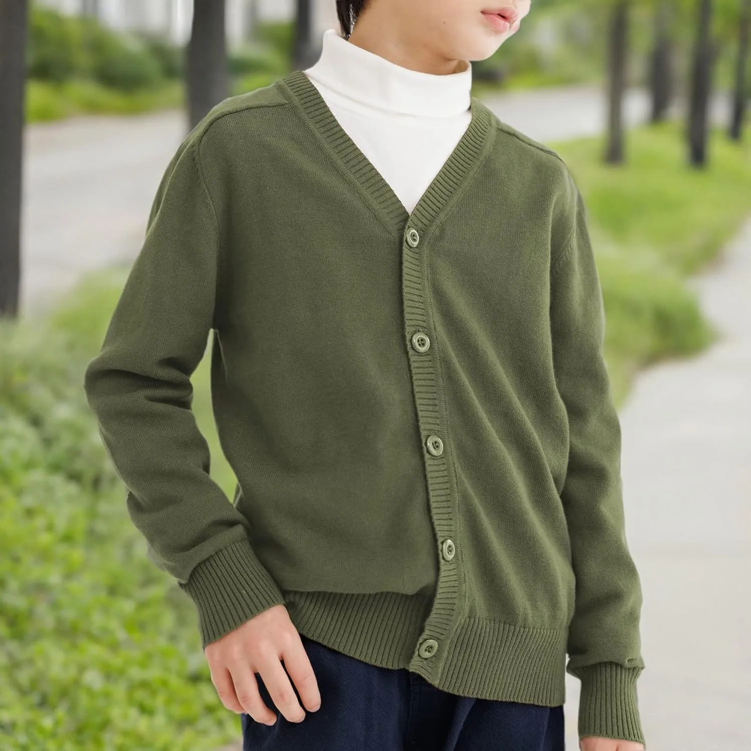CUNYI Boys' Button-up Cardigan with Elbow Patches V-Neck Cotton Knit Sweater Casual Outerwear
