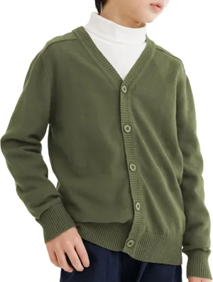 CUNYI Boys' Button-up Cardigan with Elbow Patches V-Neck Cotton Knit Sweater Casual Outerwear