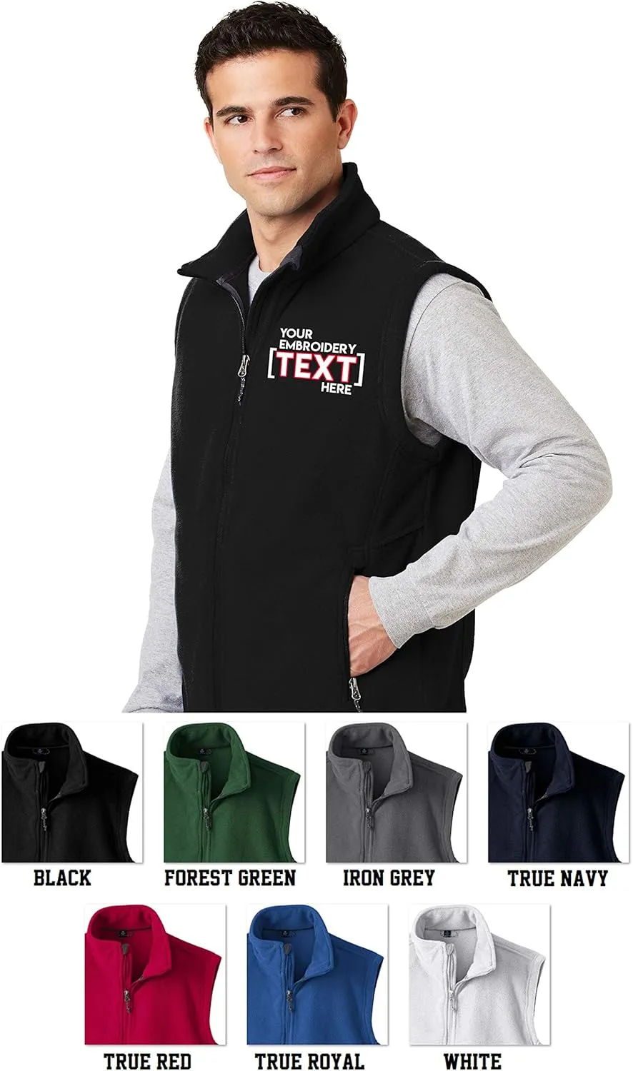 Custom Embroidered Fleece Vest for Men - Add Your Text - Embroidery Zip Up Sleeveless Jacket