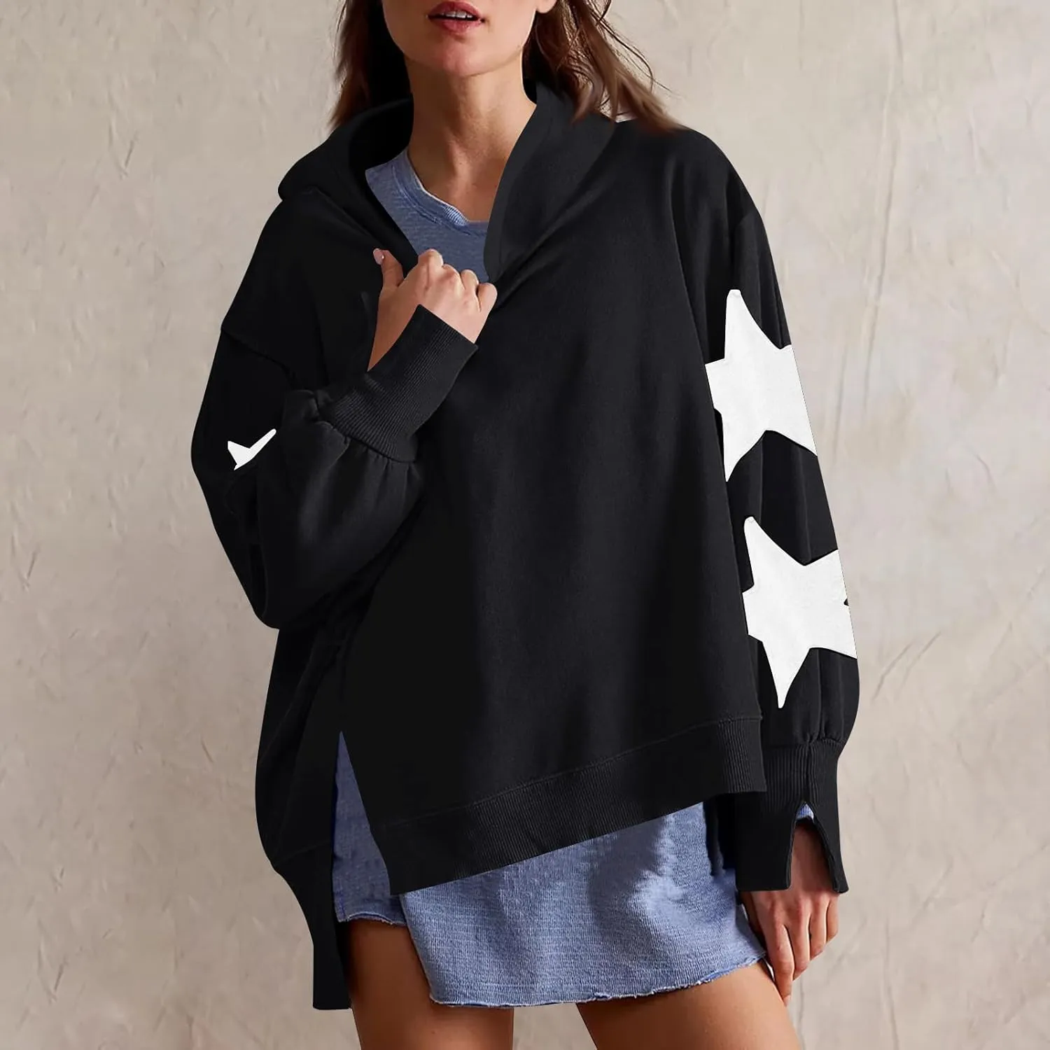Cute Hoodies For Women Trendy 2024 Oversized Star Print Hooded Sweatshirt Side Slit Fall Pullover Tops y2k Clothes