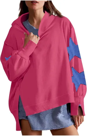 Cute Hoodies For Women Trendy 2024 Oversized Star Print Hooded Sweatshirt Side Slit Fall Pullover Tops y2k Clothes