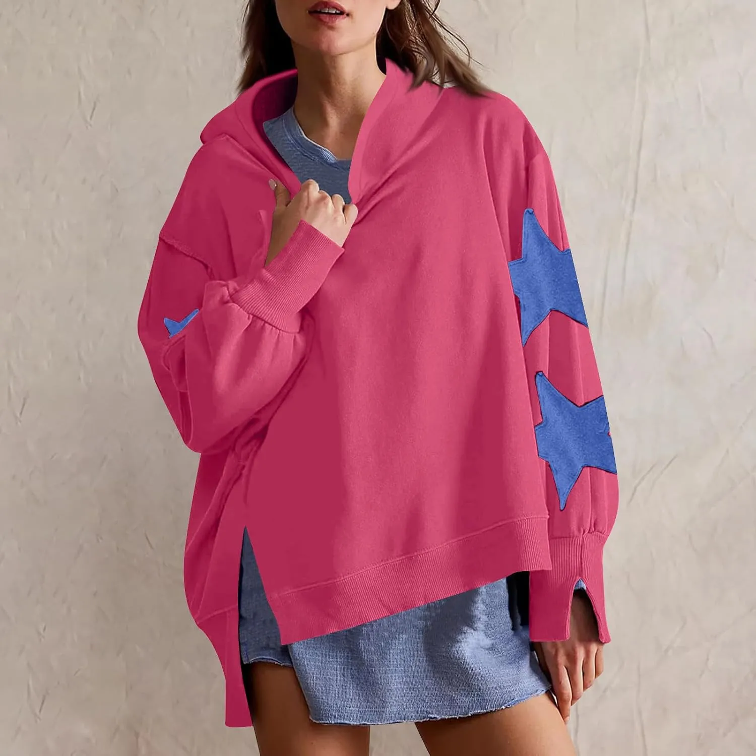 Cute Hoodies For Women Trendy 2024 Oversized Star Print Hooded Sweatshirt Side Slit Fall Pullover Tops y2k Clothes