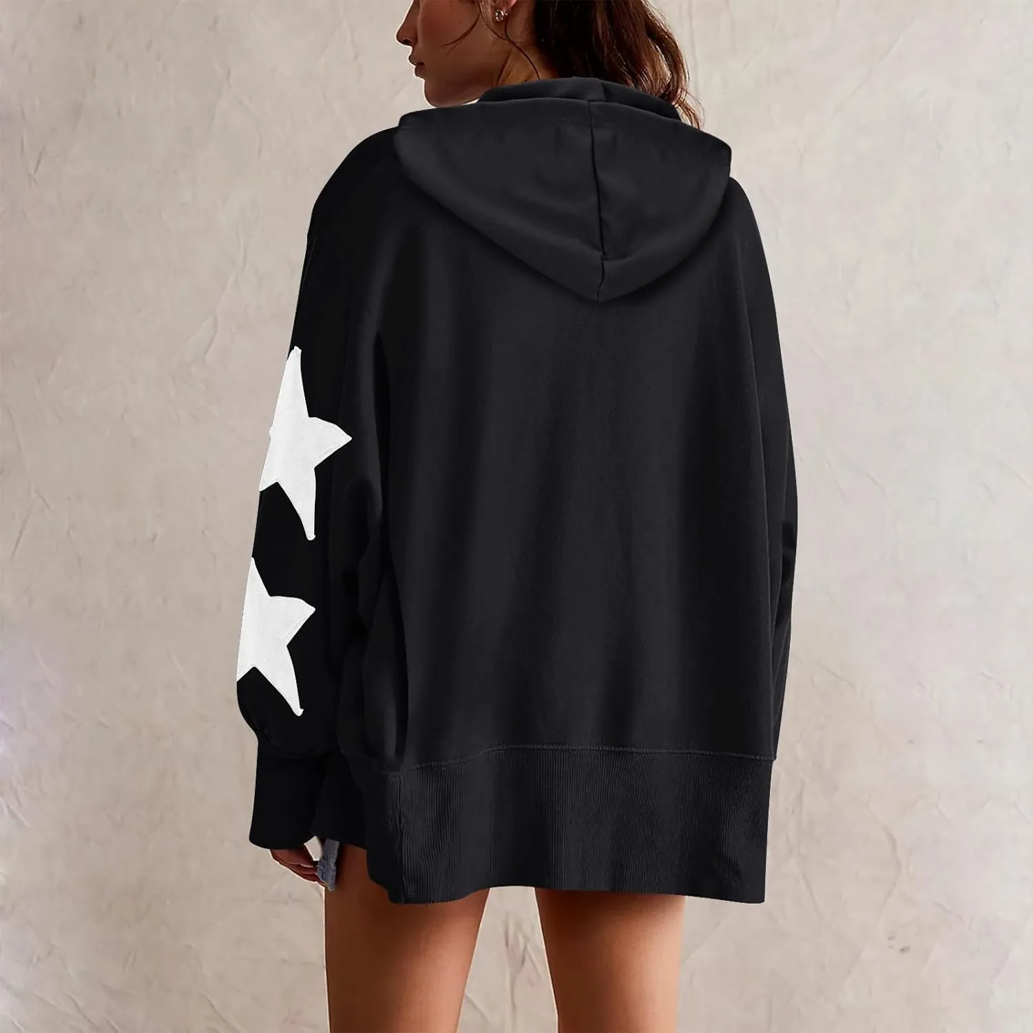 Cute Hoodies For Women Trendy 2024 Oversized Star Print Hooded Sweatshirt Side Slit Fall Pullover Tops y2k Clothes