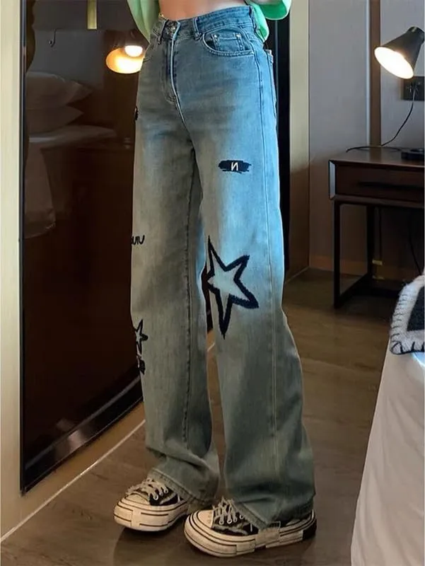 Cute Jeans for Women Girls Star Patchwork Pants Y2K High Waisted Straight Leg Baggy Jean Casual Preppy Clothes