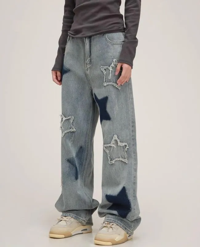 Cute Jeans for Women Girls Star Patchwork Pants Y2K High Waisted Straight Leg Baggy Jean Casual Preppy Clothes