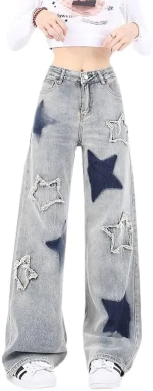 Cute Jeans for Women Girls Star Patchwork Pants Y2K High Waisted Straight Leg Baggy Jean Casual Preppy Clothes