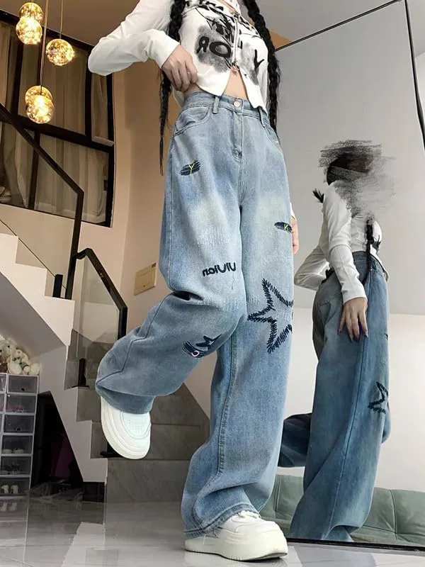 Cute Jeans for Women Girls Star Patchwork Pants Y2K High Waisted Straight Leg Baggy Jean Casual Preppy Clothes