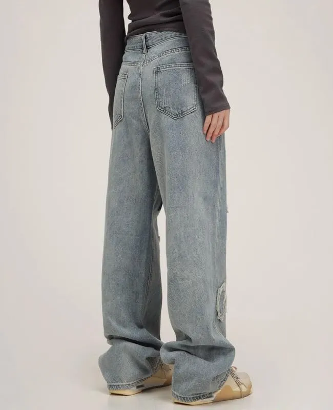 Cute Jeans for Women Girls Star Patchwork Pants Y2K High Waisted Straight Leg Baggy Jean Casual Preppy Clothes