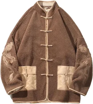 DBFBDTU Men Lamb Wool Cotton-Padded Jacket Men's Embroidery Warm Velour Coat Chinese Style Outerwear