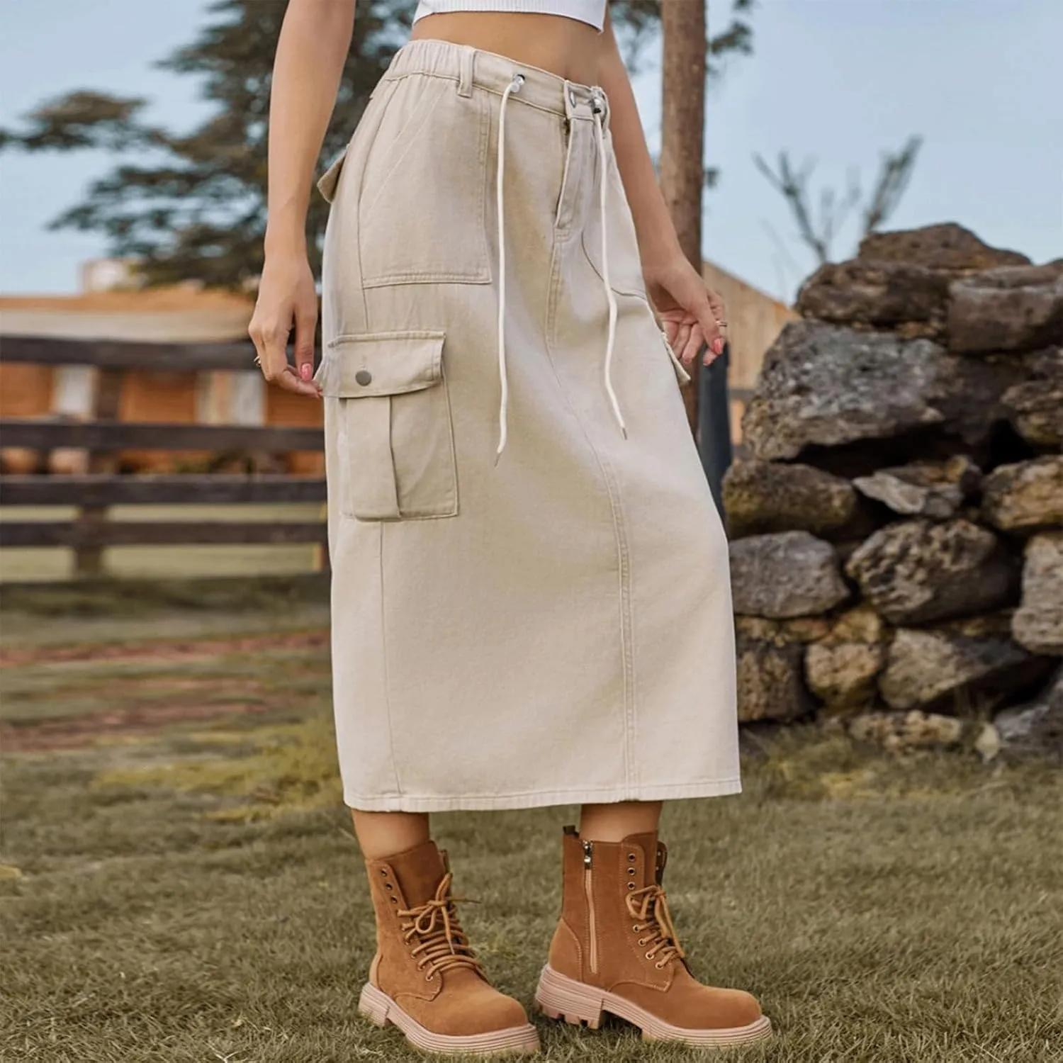 Denim Skirt for Women Cargo Drawstring Elastic Midi High Waisted Jean Skirt Vintage Y2K Retro Cute Summer Outfit