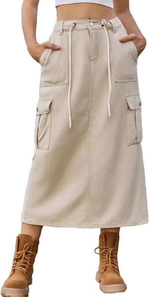 Denim Skirt for Women Cargo Drawstring Elastic Midi High Waisted Jean Skirt Vintage Y2K Retro Cute Summer Outfit
