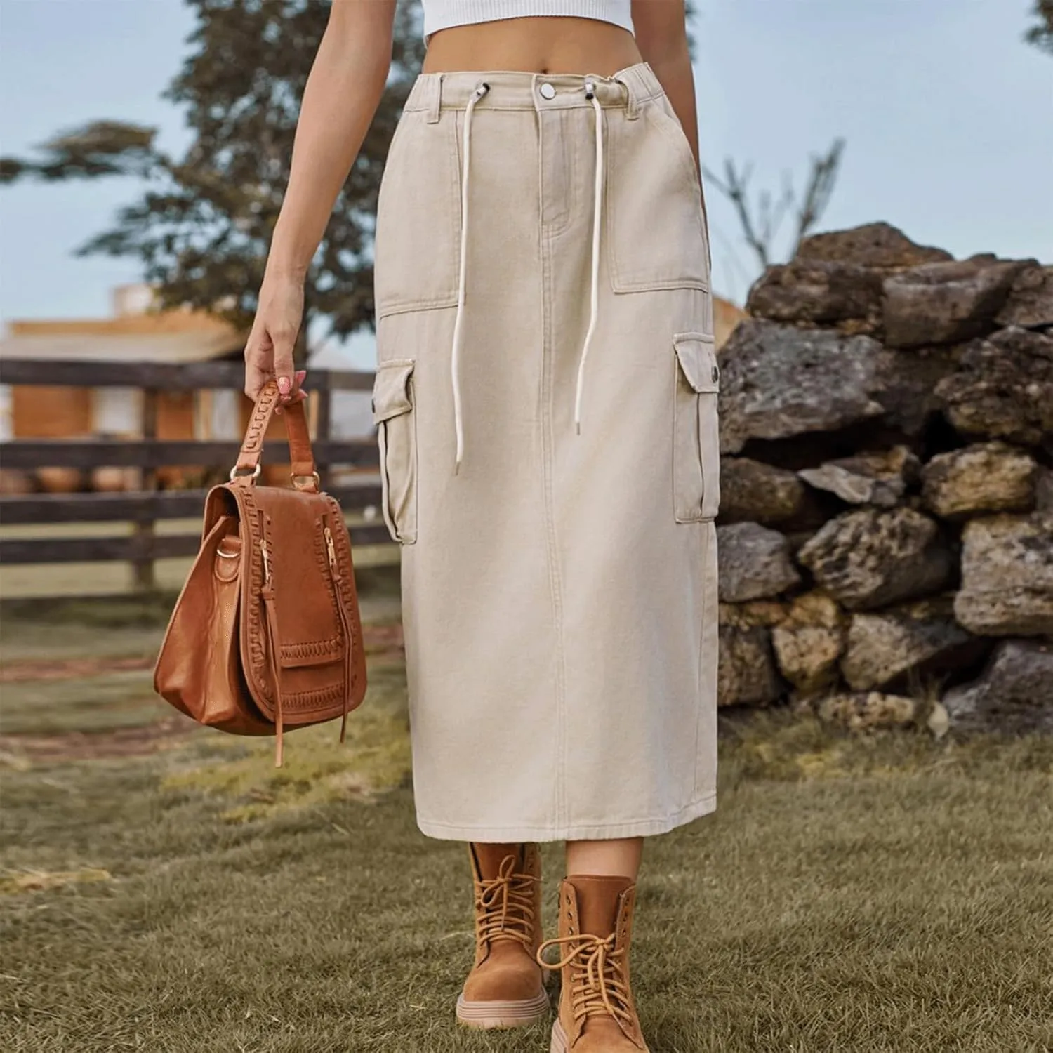 Denim Skirt for Women Cargo Drawstring Elastic Midi High Waisted Jean Skirt Vintage Y2K Retro Cute Summer Outfit