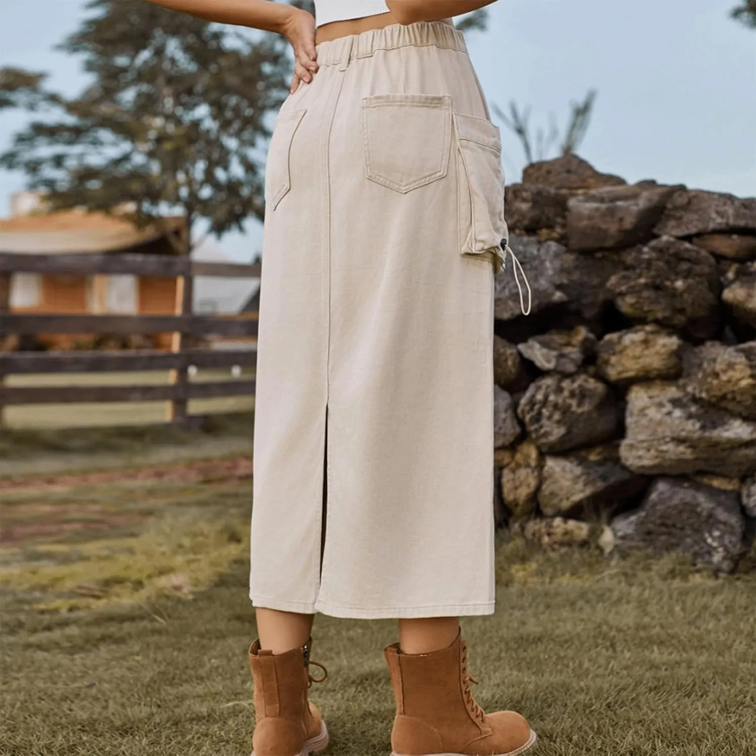Denim Skirt for Women Cargo Drawstring Elastic Midi High Waisted Jean Skirt Vintage Y2K Retro Cute Summer Outfit