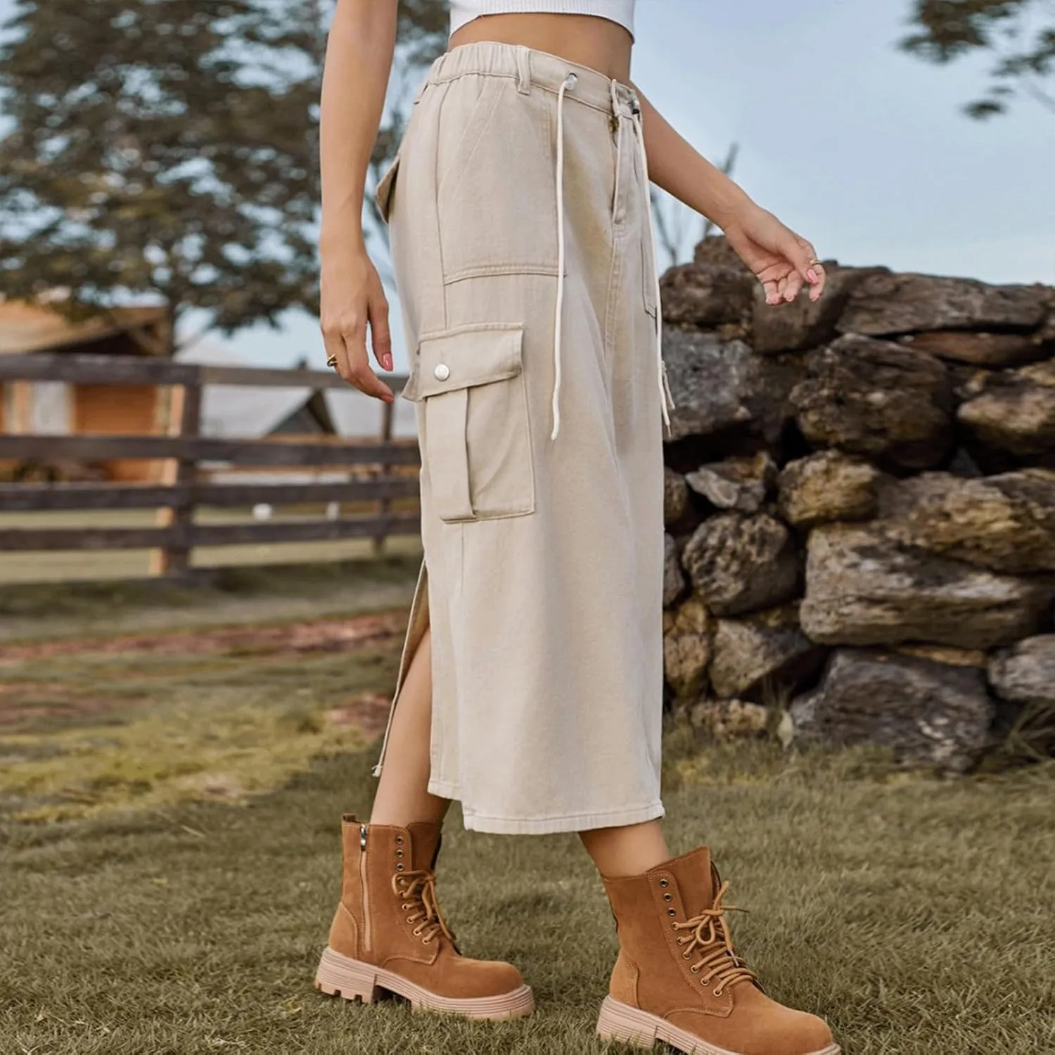 Denim Skirt for Women Cargo Drawstring Elastic Midi High Waisted Jean Skirt Vintage Y2K Retro Cute Summer Outfit