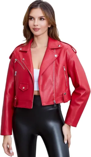 DIASHINY Faux Leather Jacket For Women Crop Short Cropped PU Slim Zip Up Moto Biker Coat Motorcycle Jackets