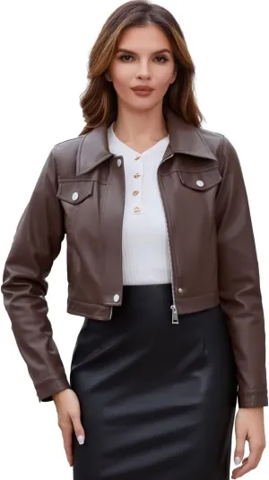 DIASHINY Faux Leather Jacket For Women, Zip Up Moto Biker Coat, Short PU Motorcycle Outwear
