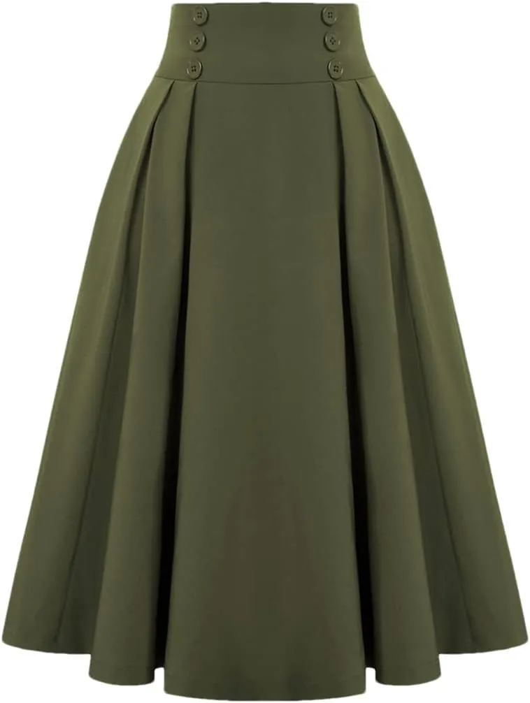 Disimlarl Solid High Waist Buttons Women Summer Skirts Pleated Vintage Retro Midi Length Long Skirt
