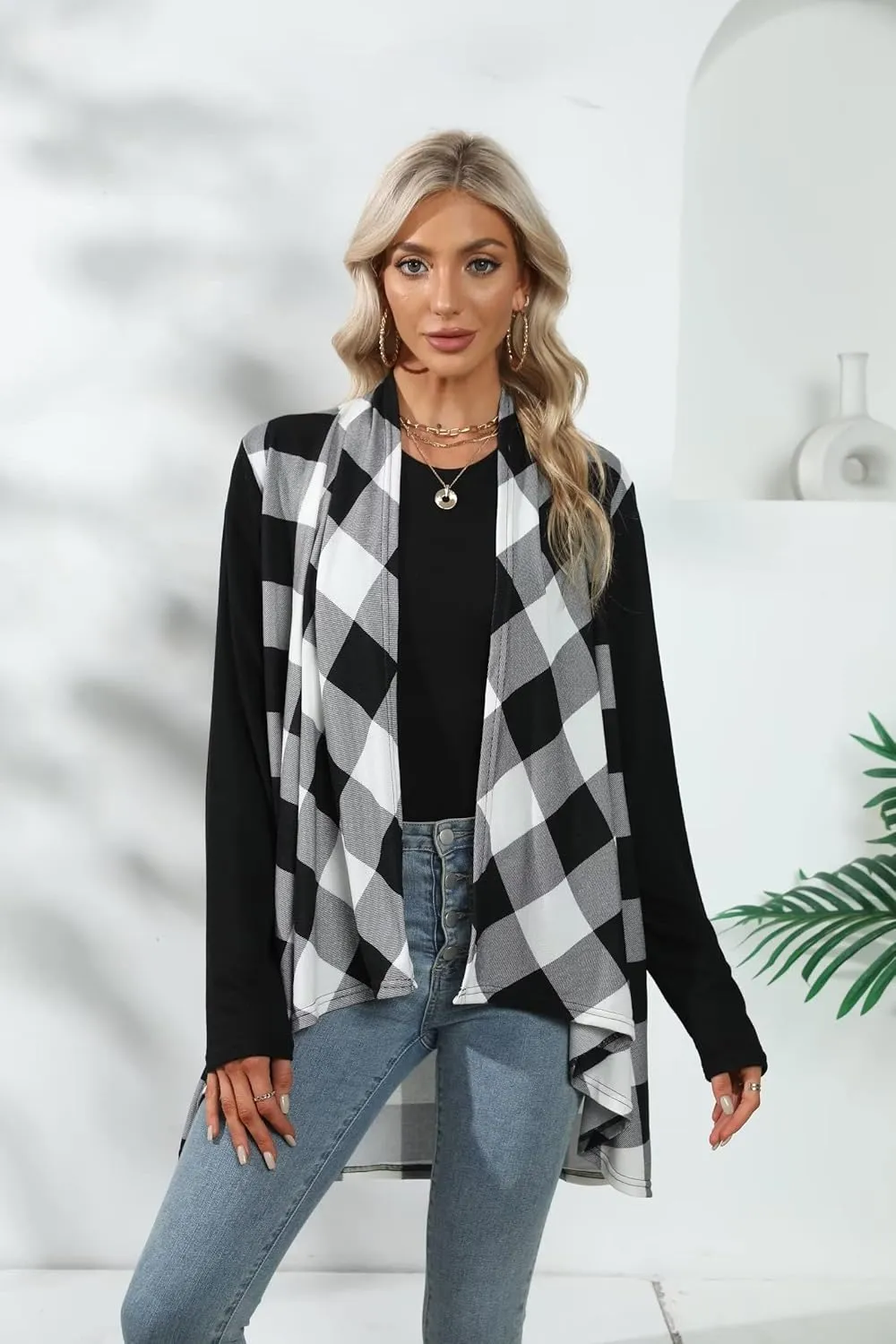 Dressmine Womens Long Cardigan Open Front Buffalo Plaid Shirt Knitted Coat Outwear Maxi Sweater Trendy 2024 Tops