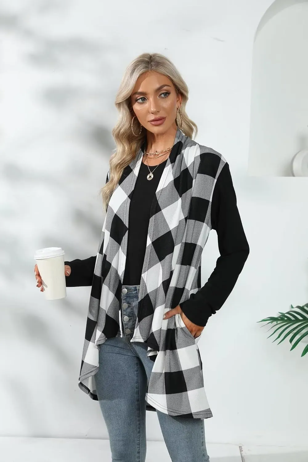Dressmine Womens Long Cardigan Open Front Buffalo Plaid Shirt Knitted Coat Outwear Maxi Sweater Trendy 2024 Tops