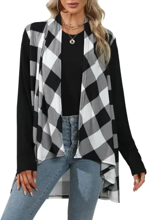 Dressmine Womens Long Cardigan Open Front Buffalo Plaid Shirt Knitted Coat Outwear Maxi Sweater Trendy 2024 Tops
