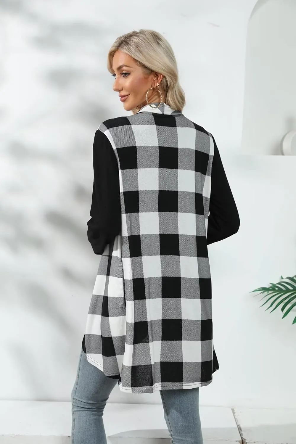 Dressmine Womens Long Cardigan Open Front Buffalo Plaid Shirt Knitted Coat Outwear Maxi Sweater Trendy 2024 Tops