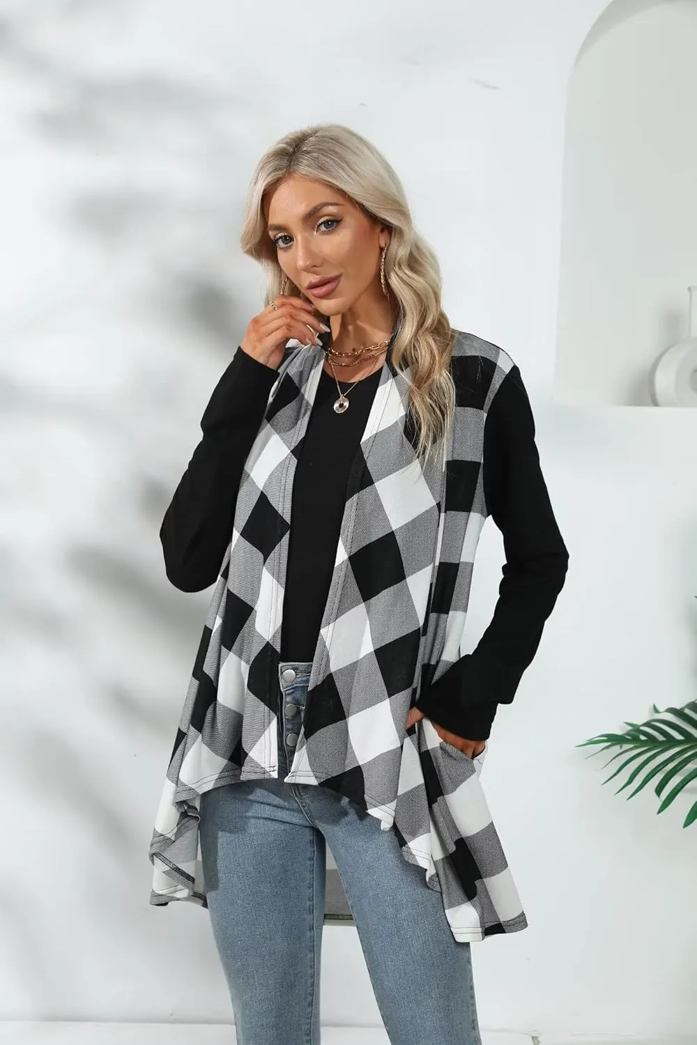Dressmine Womens Long Cardigan Open Front Buffalo Plaid Shirt Knitted Coat Outwear Maxi Sweater Trendy 2024 Tops