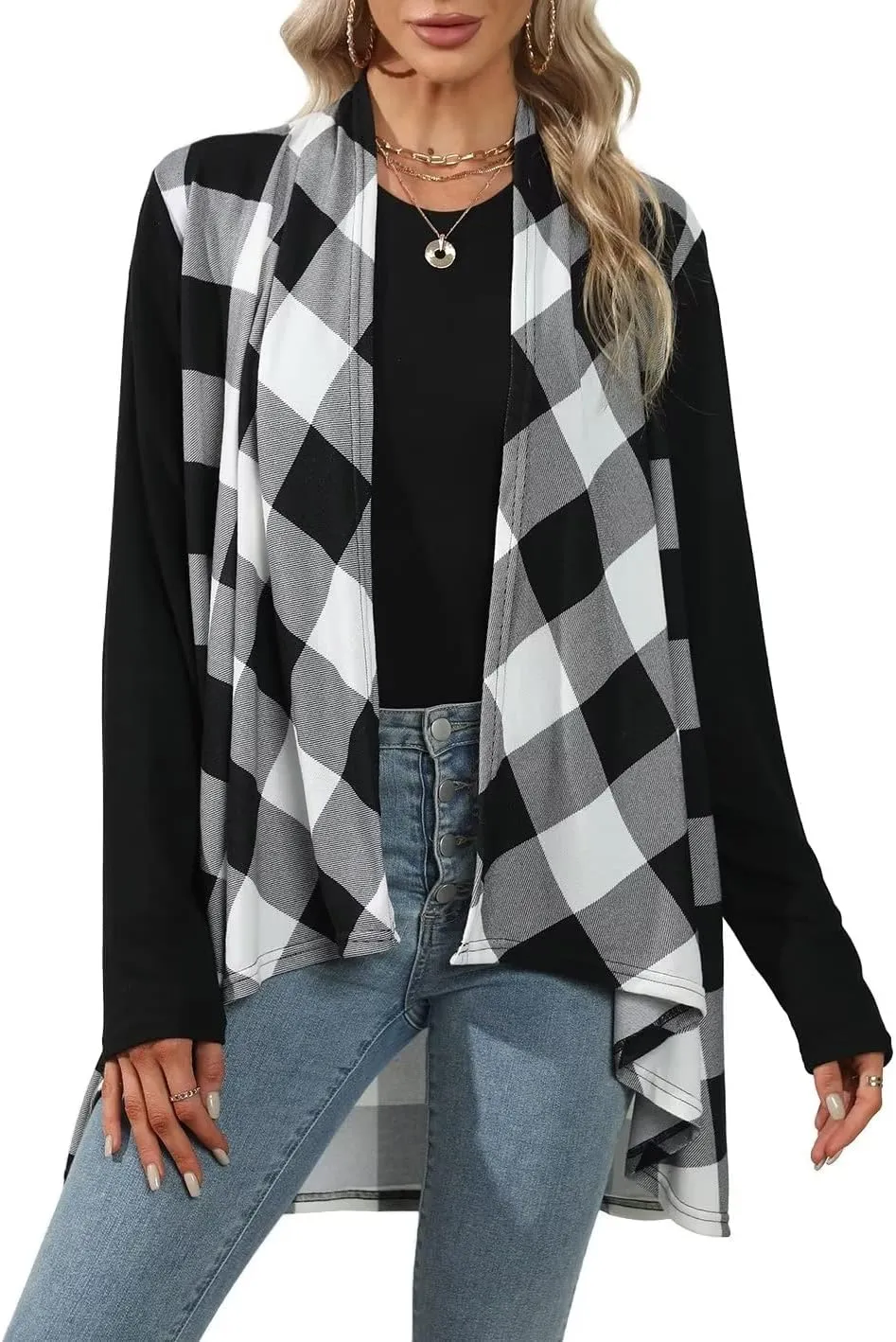 Dressmine Womens Long Cardigan Open Front Buffalo Plaid Shirt Knitted Coat Outwear Maxi Sweater Trendy 2024 Tops