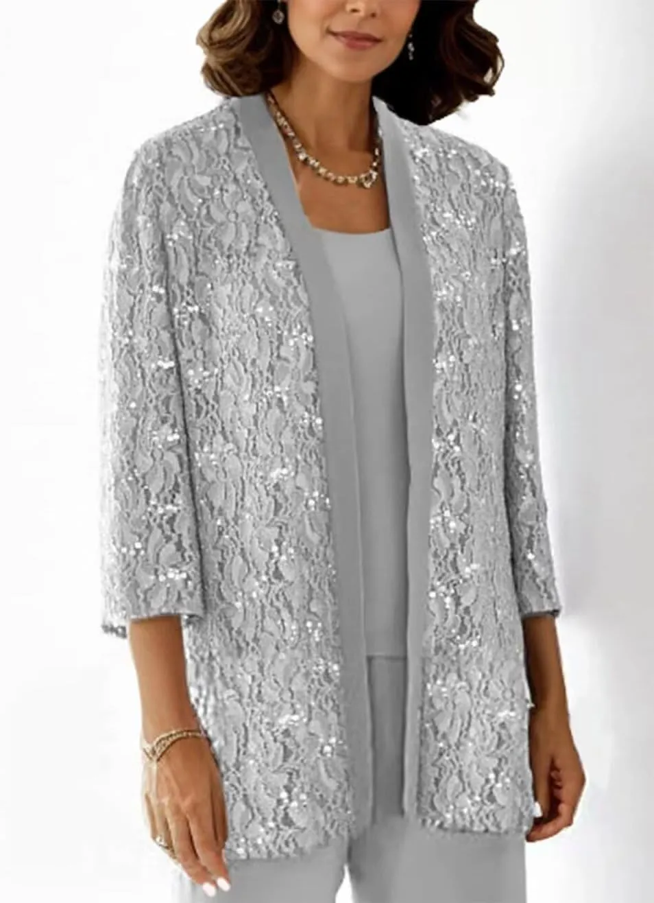 Dressy Pant Suits for A Wedding Sparkly Sequin Lace Outfit Long Sleeve 3 Pieces Mother of The Bride Pantsuits for Women