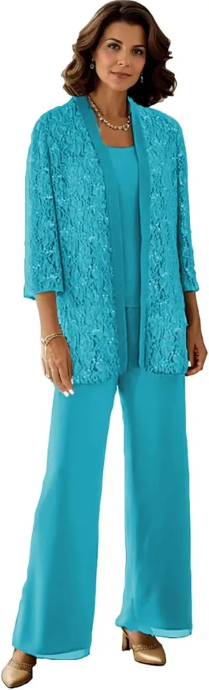 Dressy Pant Suits for A Wedding Sparkly Sequin Lace Outfit Long Sleeve 3 Pieces Mother of The Bride Pantsuits for Women