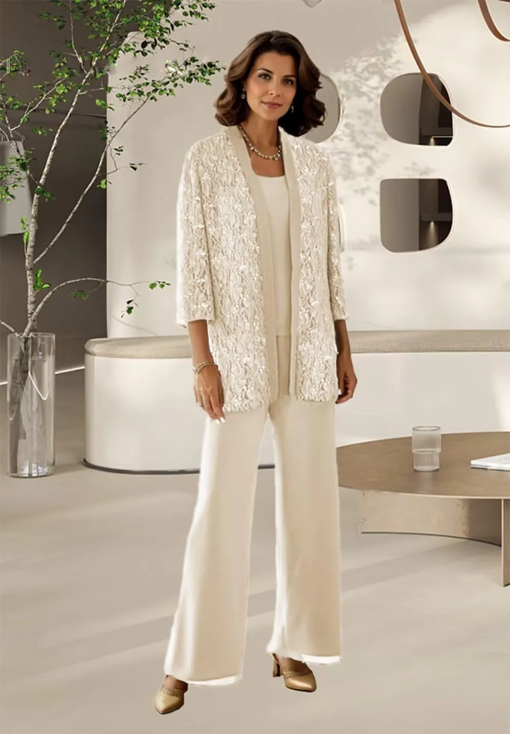 Dressy Pant Suits for A Wedding Sparkly Sequin Lace Outfit Long Sleeve 3 Pieces Mother of The Bride Pantsuits for Women