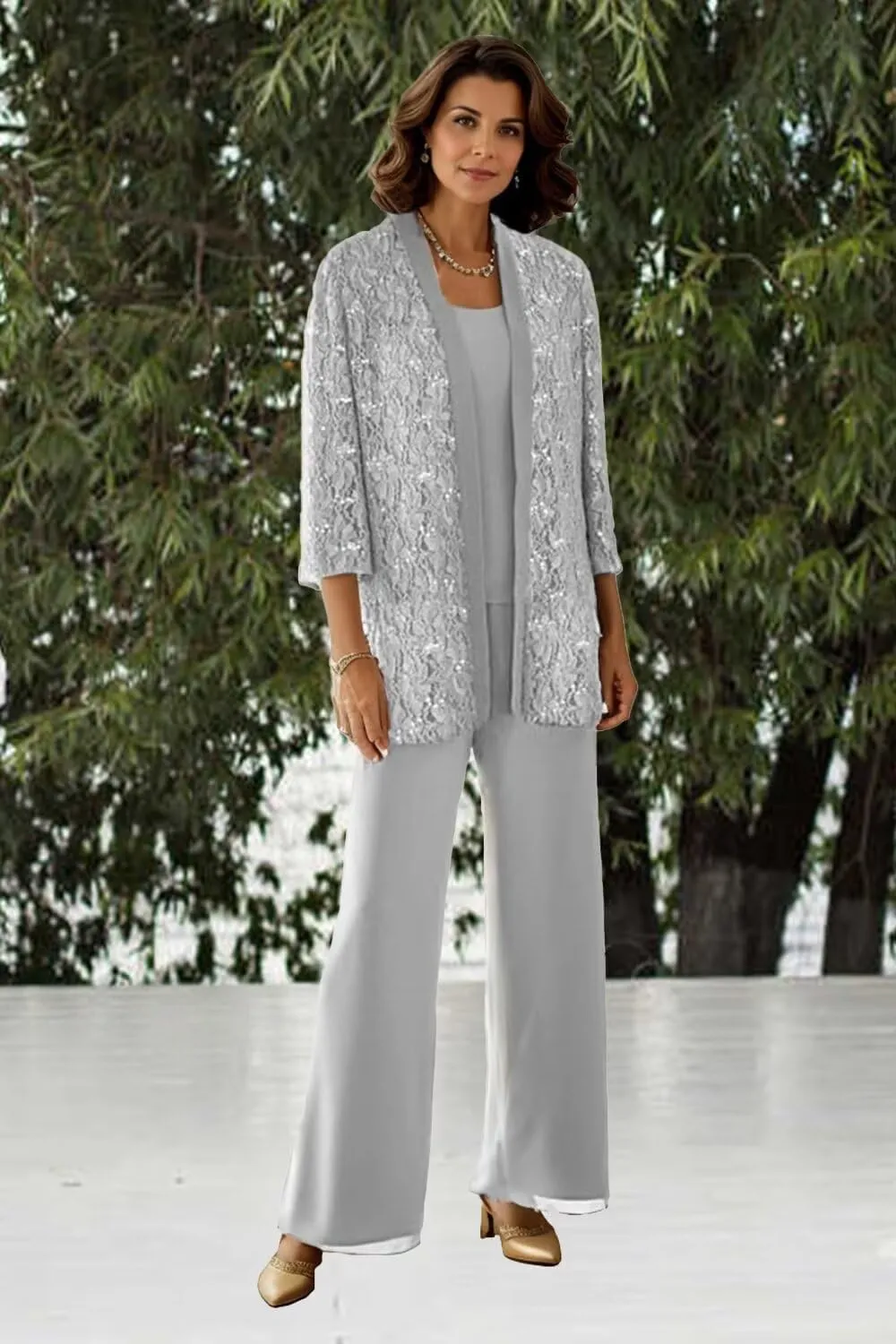 Dressy Pant Suits for A Wedding Sparkly Sequin Lace Outfit Long Sleeve 3 Pieces Mother of The Bride Pantsuits for Women