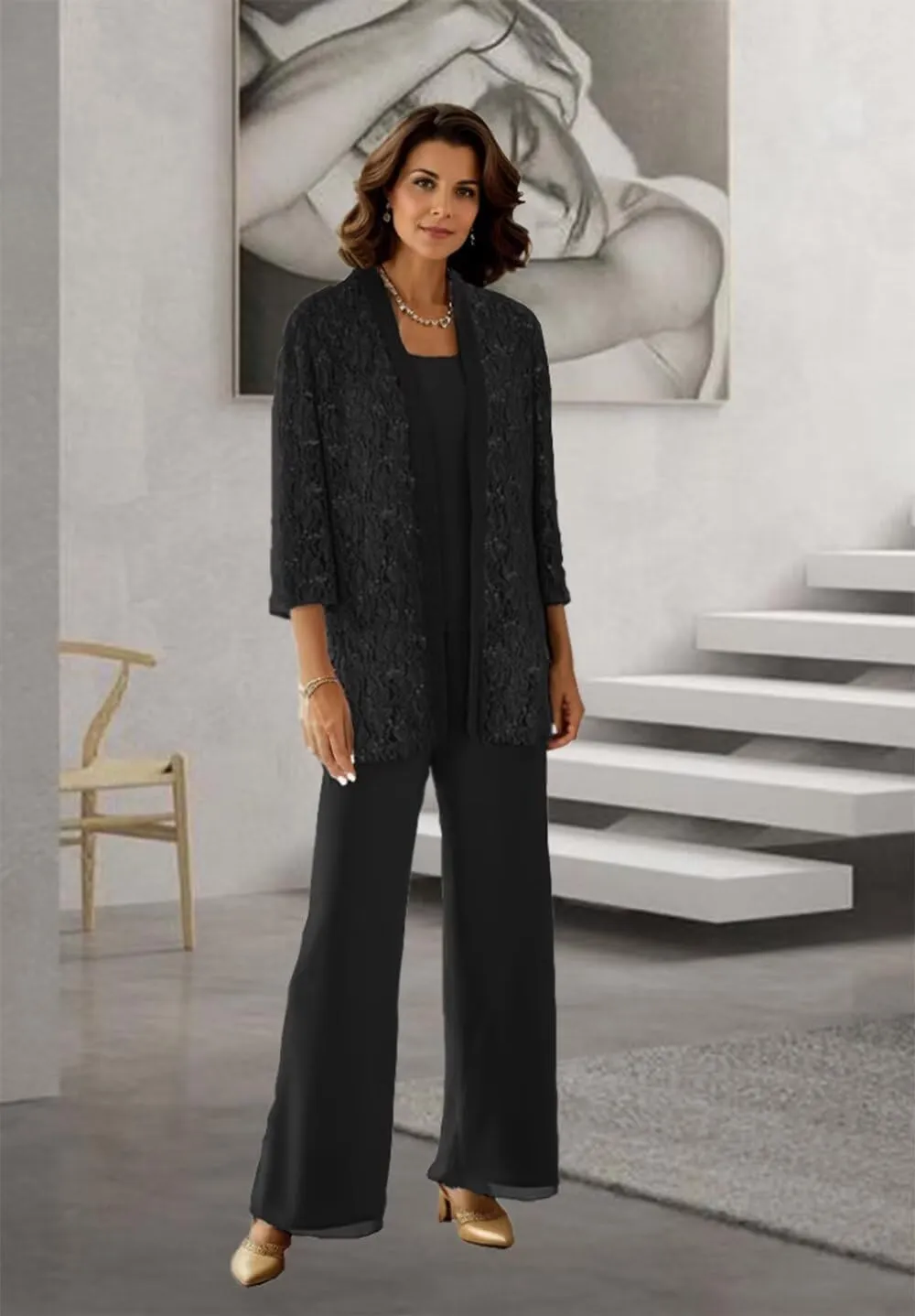 Dressy Pant Suits for A Wedding Sparkly Sequin Lace Outfit Long Sleeve 3 Pieces Mother of The Bride Pantsuits for Women