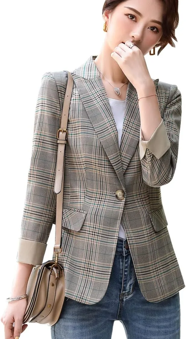 ebossy Womens Traditional Vintage 2-Button Notch Lapel Slim Fit Blazer Suits Houndstooth Plaid Jacket Coat