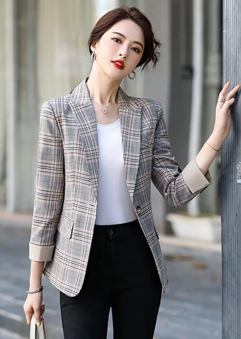 ebossy Womens Traditional Vintage 2-Button Notch Lapel Slim Fit Blazer Suits Houndstooth Plaid Jacket Coat