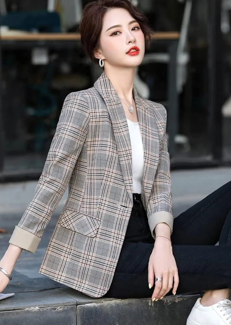 ebossy Womens Traditional Vintage 2-Button Notch Lapel Slim Fit Blazer Suits Houndstooth Plaid Jacket Coat