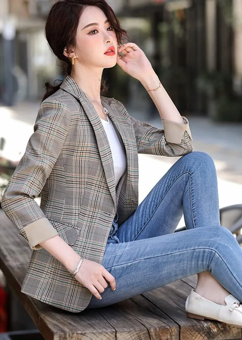 ebossy Womens Traditional Vintage 2-Button Notch Lapel Slim Fit Blazer Suits Houndstooth Plaid Jacket Coat