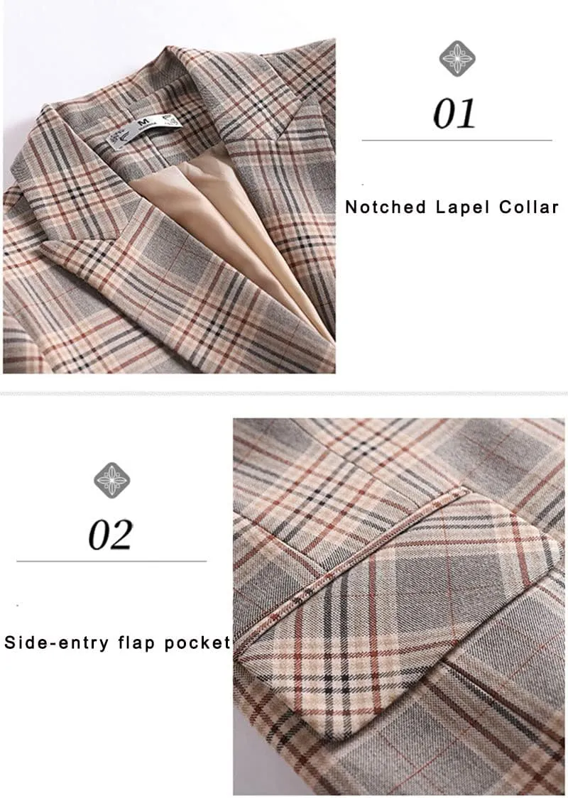 ebossy Womens Traditional Vintage 2-Button Notch Lapel Slim Fit Blazer Suits Houndstooth Plaid Jacket Coat