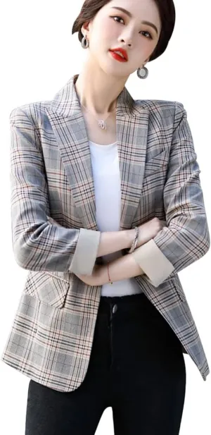 ebossy Womens Traditional Vintage 2-Button Notch Lapel Slim Fit Blazer Suits Houndstooth Plaid Jacket Coat