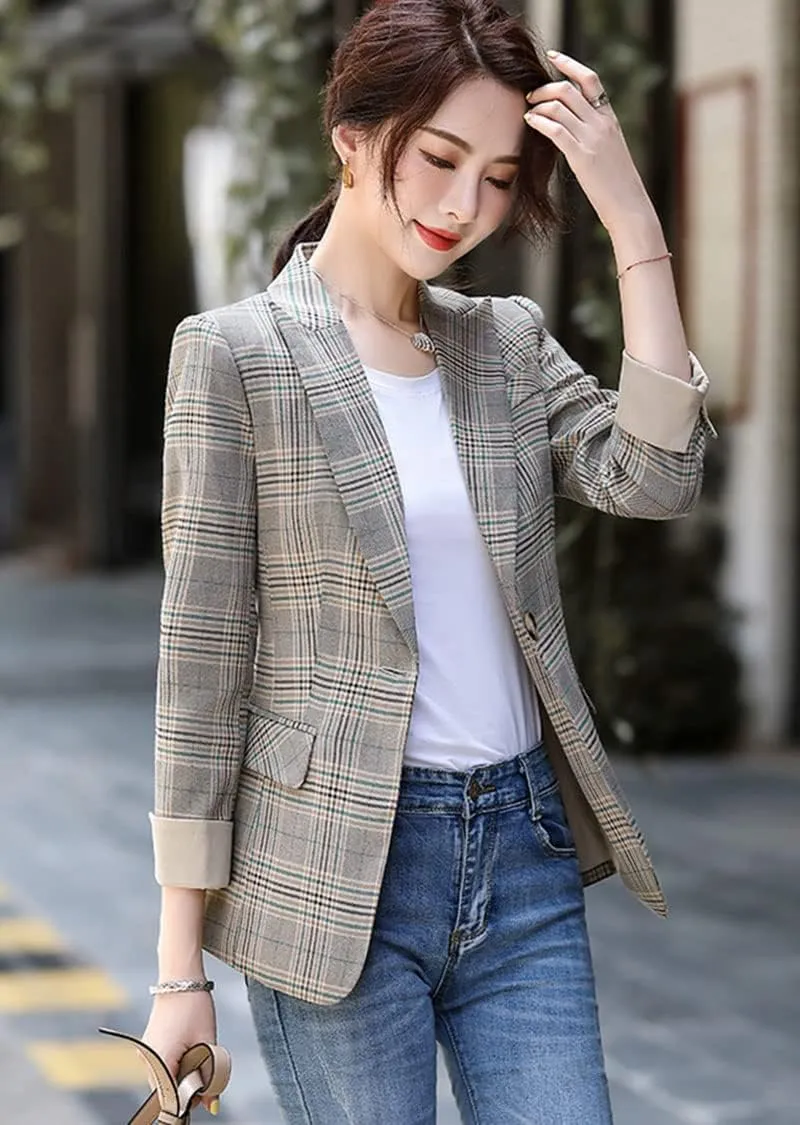 ebossy Womens Traditional Vintage 2-Button Notch Lapel Slim Fit Blazer Suits Houndstooth Plaid Jacket Coat