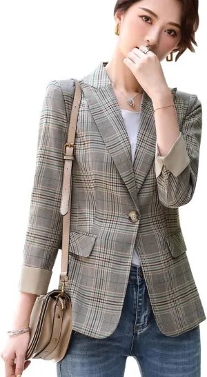 ebossy Womens Traditional Vintage 2-Button Notch Lapel Slim Fit Blazer Suits Houndstooth Plaid Jacket Coat