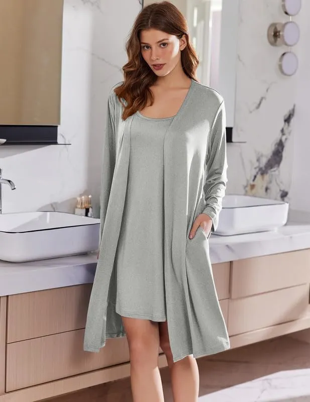 Ekouaer Robe Sets for Women 2 Pieces Nightgown Long Sleeves Bathrobe Soft Sleepwear 2025 S-2XL