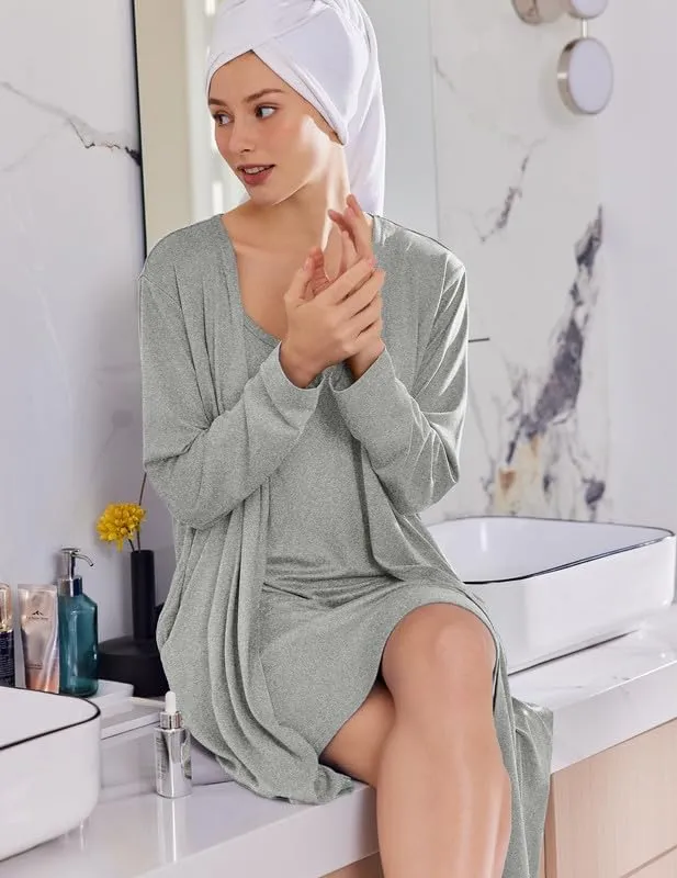 Ekouaer Robe Sets for Women 2 Pieces Nightgown Long Sleeves Bathrobe Soft Sleepwear 2025 S-2XL