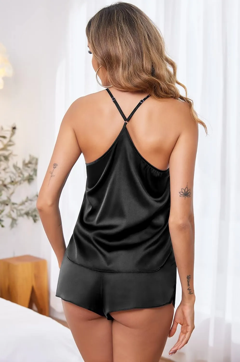 Ekouaer Silk Pajamas Set for Women Satin Lingerie Pjs Cami Top and Shorts Soft 2 Piece Nightwear