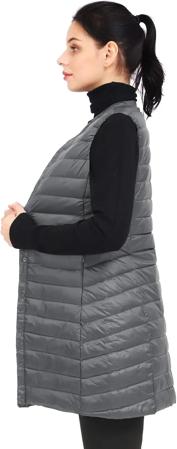 ELFJOY Long Puffer Vest Lightweight Womens Vests Outerwear Button Round Neck Sleeveless Long Down Vest No Collar