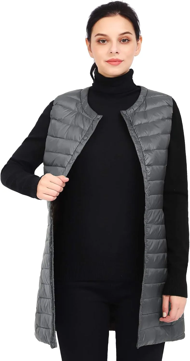 ELFJOY Long Puffer Vest Lightweight Womens Vests Outerwear Button Round Neck Sleeveless Long Down Vest No Collar