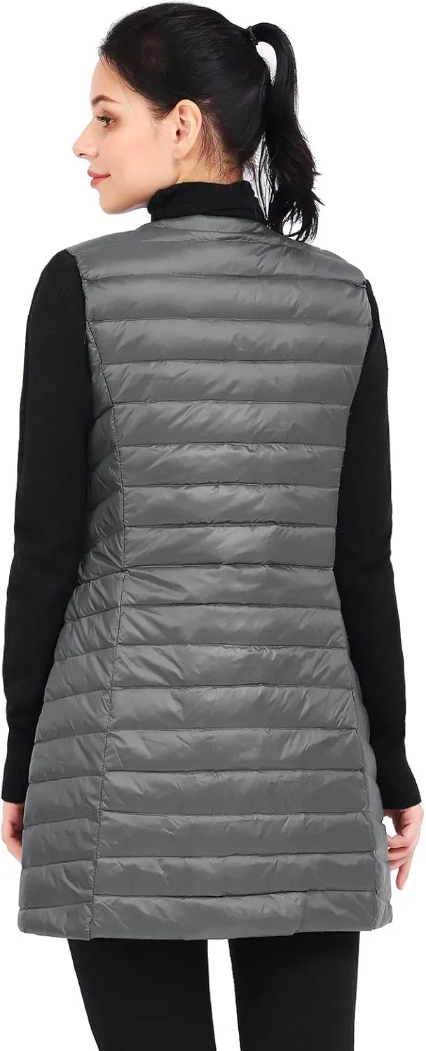 ELFJOY Long Puffer Vest Lightweight Womens Vests Outerwear Button Round Neck Sleeveless Long Down Vest No Collar