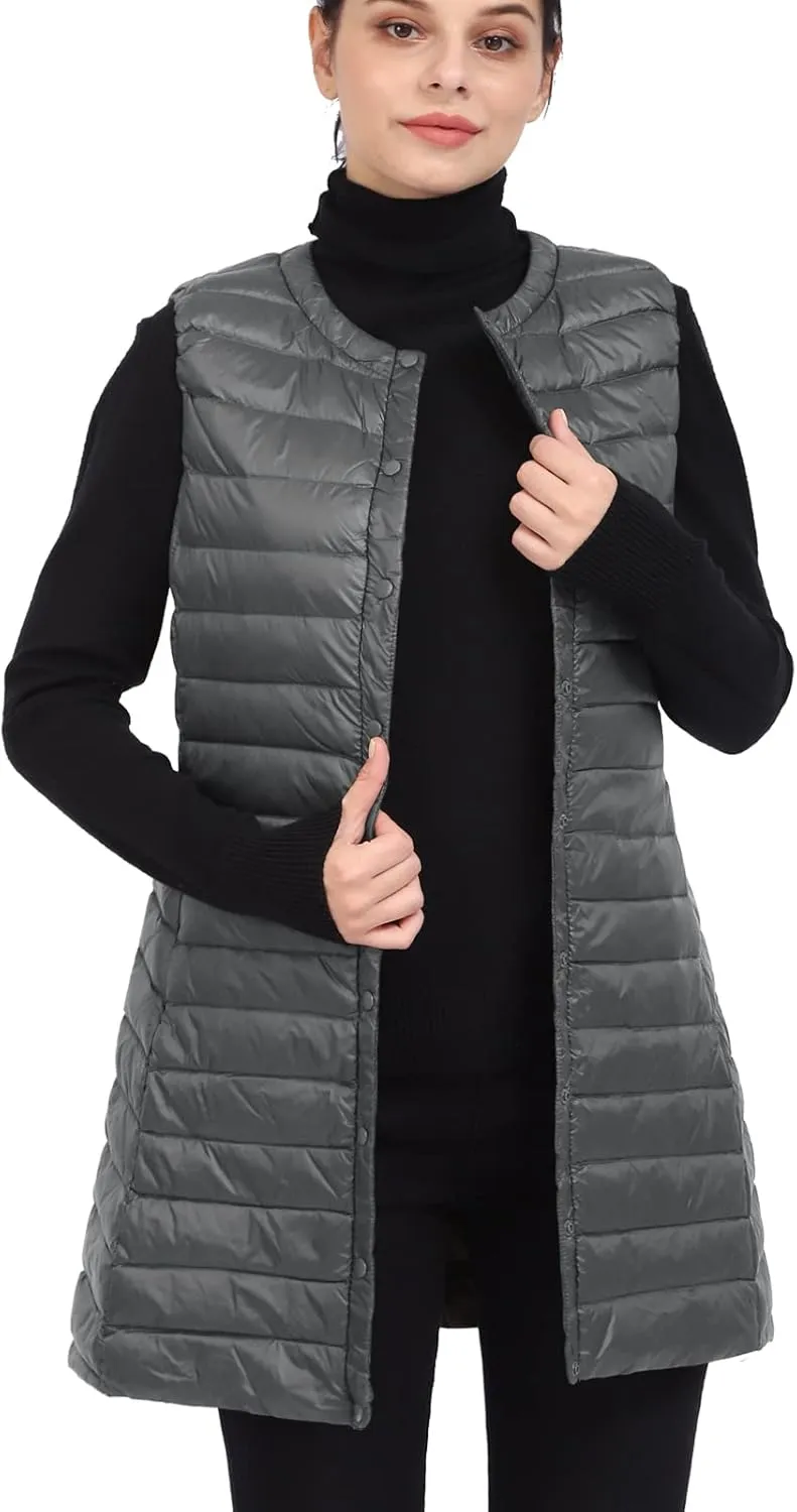 ELFJOY Long Puffer Vest Lightweight Womens Vests Outerwear Button Round Neck Sleeveless Long Down Vest No Collar