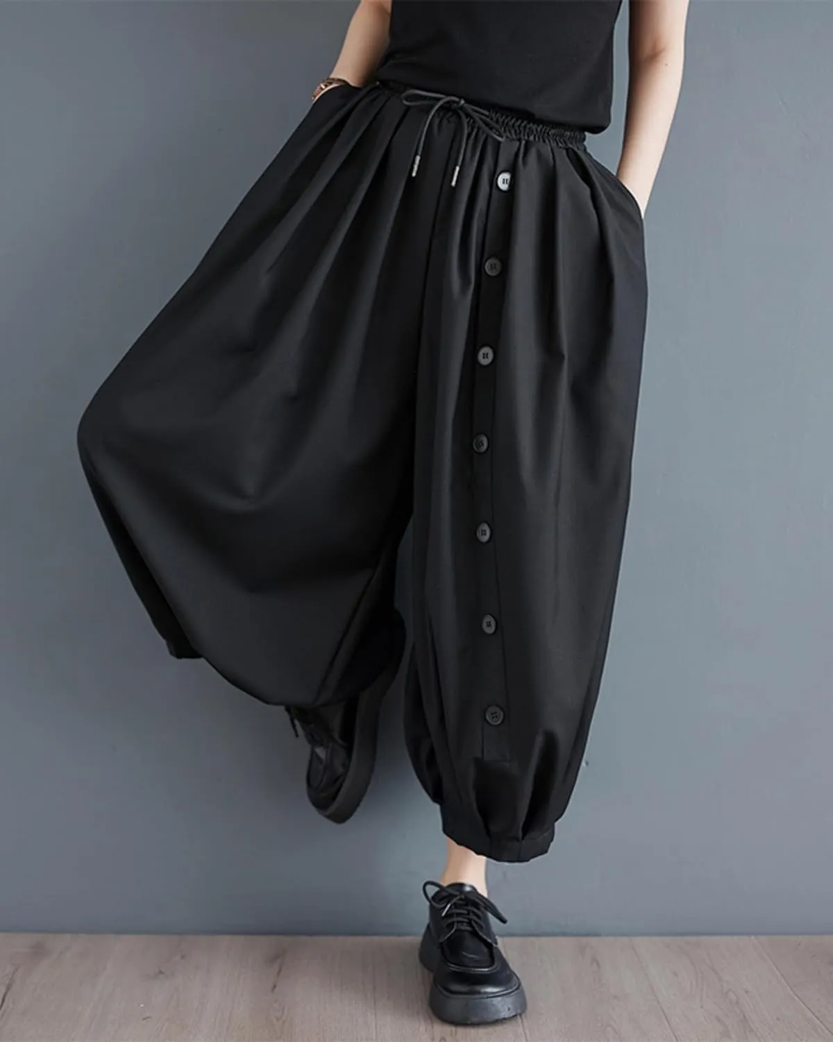 ellazhu Women's Drop Crotch Elastic Waist Button Down Wide Leg Harem Pants GZ179 A