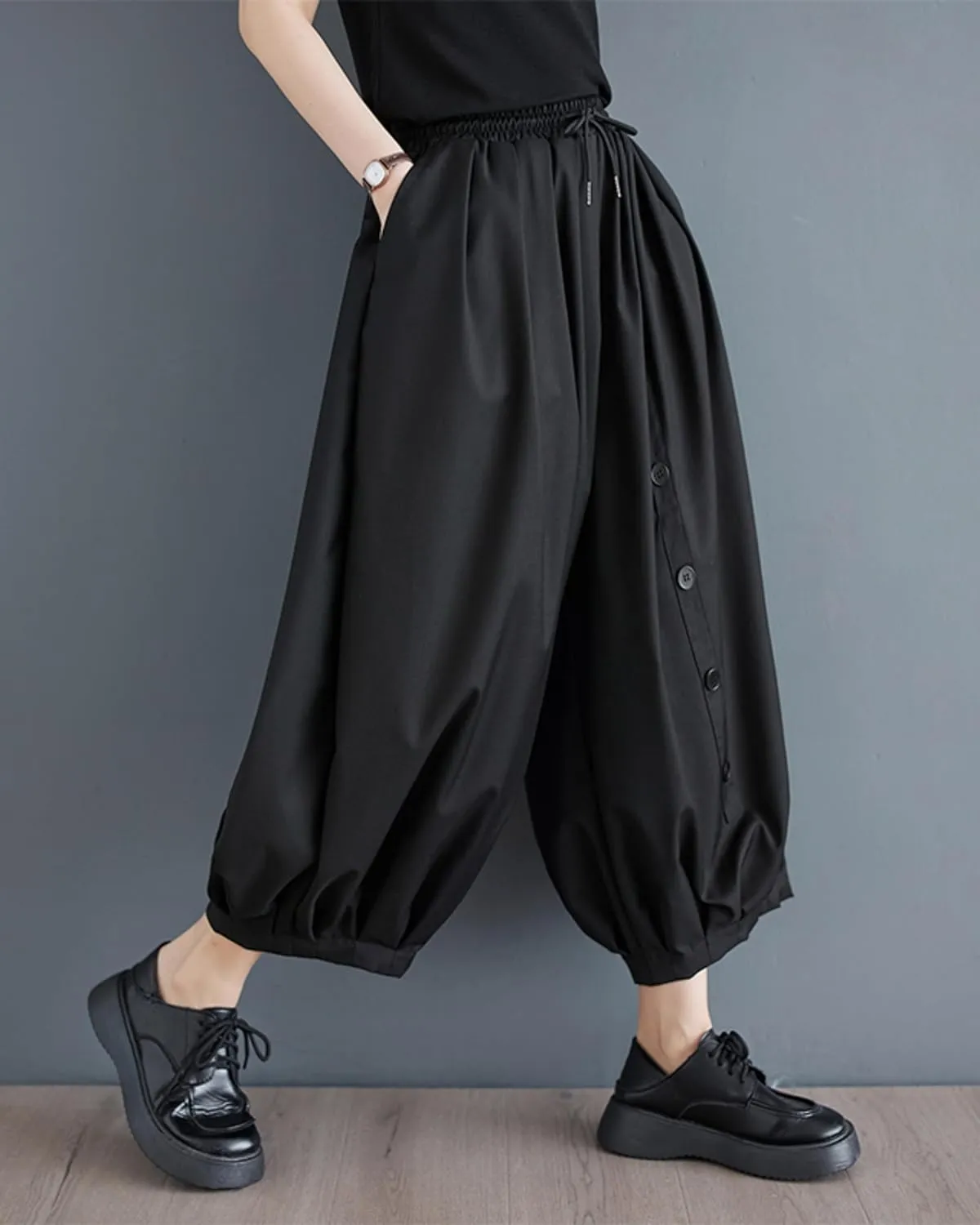 ellazhu Women's Drop Crotch Elastic Waist Button Down Wide Leg Harem Pants GZ179 A