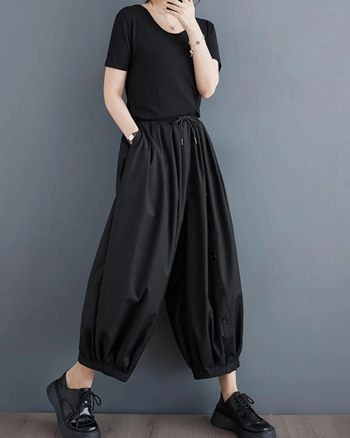 ellazhu Women's Drop Crotch Elastic Waist Button Down Wide Leg Harem Pants GZ179 A